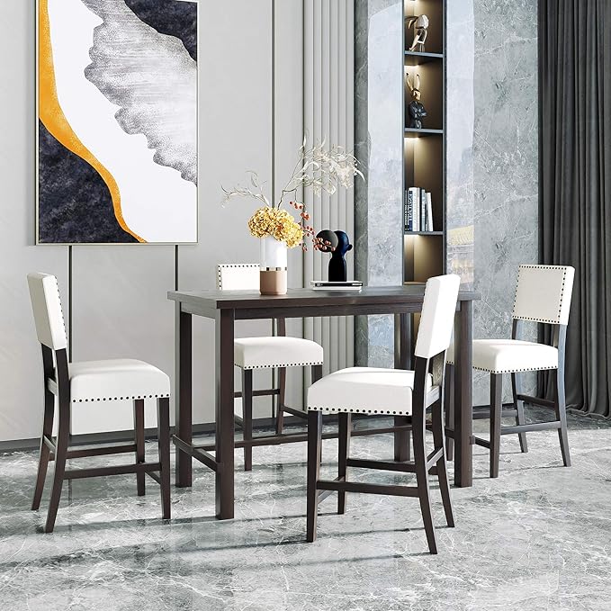 5 Pieces Dining Table Set,Wooden Living Room Furniture with 52" Rectangle Kitchen Desk,4 Upholstered Chairs W/Curved Backrests,for Restaurant,Home Bistro,Espresso and Beige