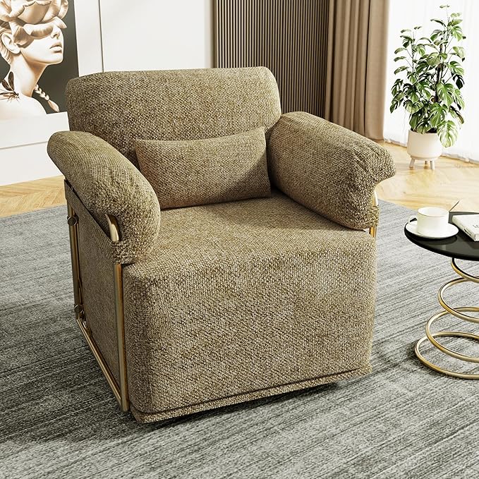 KEIKI Modern Comfy Swivel Accent Reading Chair with Waist Pillows, 360°Square Upholstered Barrel Armchair Single Club Lounge Sofa Chairs for Living Room,Bedroom,Office,Brown