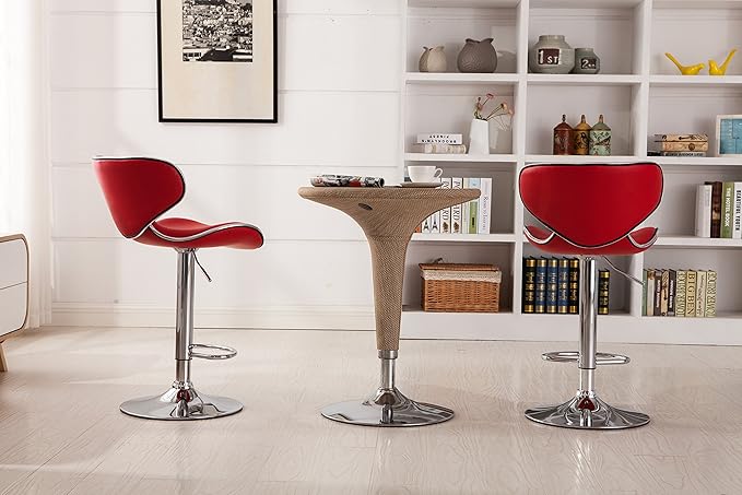 Roundhill Furniture Masaccio Cushioned Leatherette Upholstery Airlift Adjustable Swivel Barstool with Chrome Base, Set of 2, Red