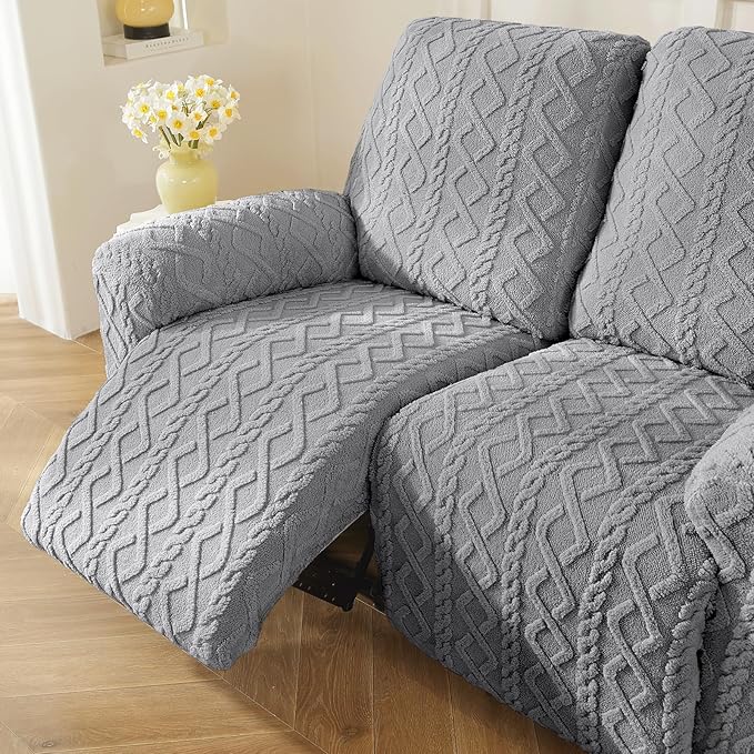 vctops 6 Pieces Geometric Jacquard Plush Recliner Loveseat Slipcovers Soft Fuzzy Fluffy Sofa Couch Cover Anti-Slip Furniture Protector with Elastic Bottom for Kids Cats Dogs(Grey,2 Seat)