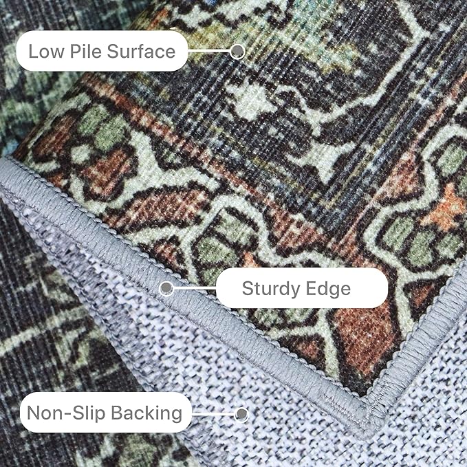 9X12 Area Rugs Machine Washable Rugs for Living Room, Vintage Boho Large Rugs for Bedroom Dining Room, Non Slip Indoor Soft Distressed Lightweight Thin Low Pile Carpet, Black