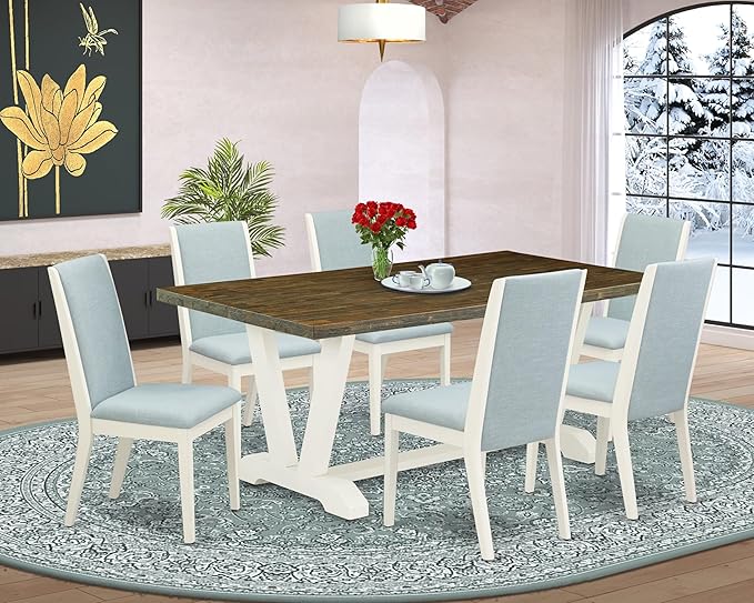 East West Furniture V077LA015-7 7 Piece Dining Table Set Consist of a Rectangle Kitchen Table with V-Legs and 6 Baby Blue Linen Fabric Upholstered Chairs, 40x72 Inch, Multi-Color