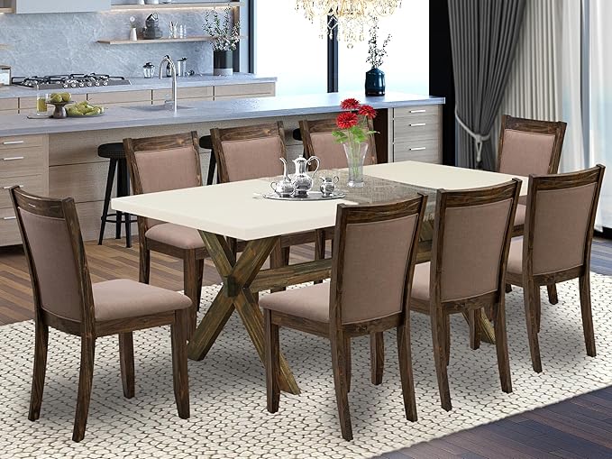 East West Furniture X727MZ748-9 9 Piece Dining Table Set Includes a Rectangle Dining Room Table with X-Legs and 8 Coffee Linen Fabric Upholstered Chairs, 40x72 Inch, Multi-Color