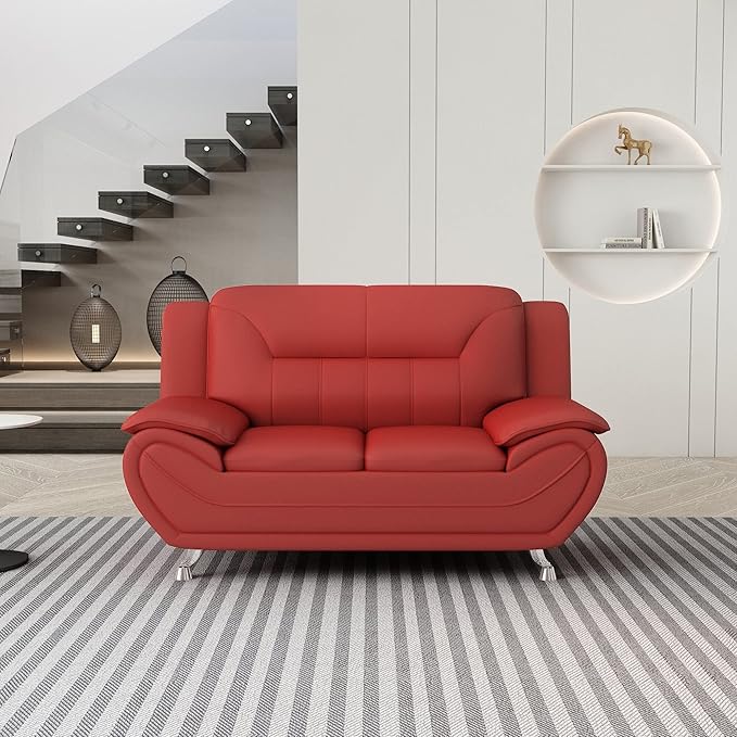 Container Furniture Direct Michael Modern Faux Leather Upholstered Stainless Steel Legs Living Room Loveseat, Red