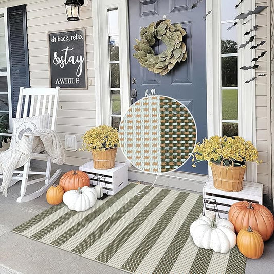 OJIA Outdoor Rug 3'x5', Washable Entryway Rugs Indoor Fall Front Door Mat Cotton Woven Checkered Front Door Rug Small Area Rug Halloween Doormat for Porch Kitchen Patio Bathroom (Green/White/Tan)