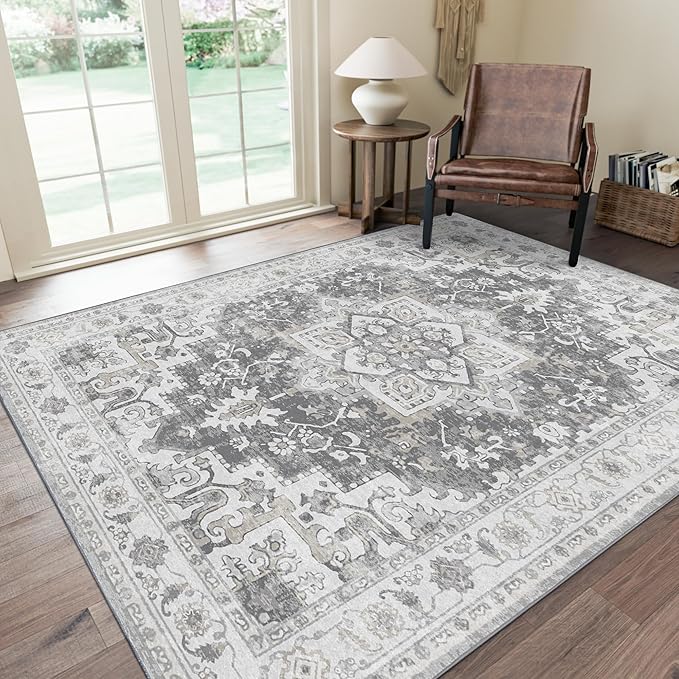 GENIMO Area Rugs 6x9 Machine Washable Rug for Living Room, Non Slip Vintage Indoor Rug, Low Pile Lightweight Chenille Print Carpet for Bedroom Dining Room Home Office