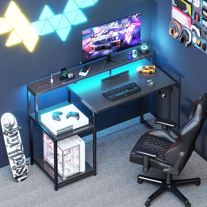 AODK Computer Desk, 48 Inch Gaming Desk with Led Lights & Power Outlet, Office Desk with Storage Shelves, Reversible Desk with Monitor Shelf & Headphone Hook, Carbon Fiber Black