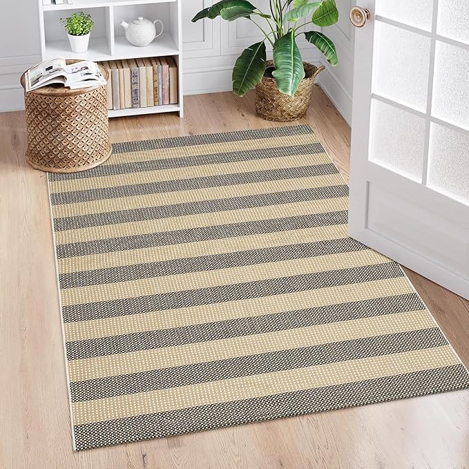 OJIA Washable Outdoor Rug 4'x6', Cotton Woven Outdoor Patio Rug Tan Front Porch Rug Outdoor Door Mat Entryway Rugs Indoor Area Rugs Floor Mat for Backyard/Entry/Kitchen/Bedroom/Living Room