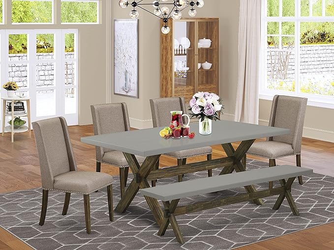 East West Furniture X797FL716-6 6 Piece Dining Table Set Contains a Rectangle Kitchen Table with X-Legs and 4 Dark Khaki Linen Fabric Parson Chairs with a Bench, 40x72 Inch, Multi-Color