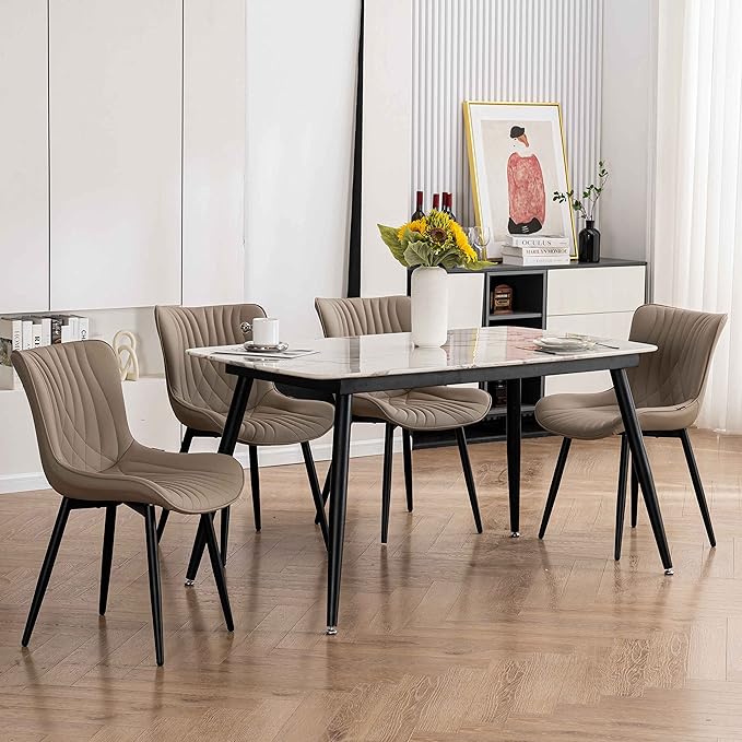 YOUTASTE Dining Chairs Set of 2 Upholstered Mid Century Modern Kitchen Dining Room Chairs Armless Faux Leather Accent Chairs Metal Vanity Lounge Chair with Back for Living Room Bedrooms,Khaki