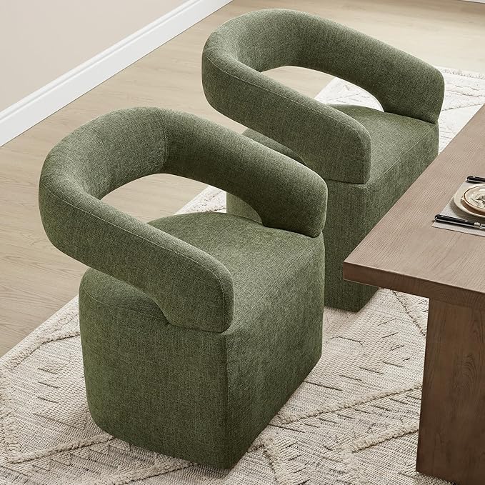 Upholstered Dining Chairs with Removable Casters Barrel Side Armchair with Rollers for Diningroom Bedroom Livingroom Reading Room, Green, 2PCS
