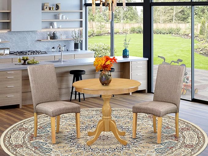 East West Furniture AMDR3-OAK-16 3 Piece Dining Room Table Set Contains a Round Kitchen Table with Pedestal and 2 Dark Khaki Linen Fabric Parsons Dining Chairs, 36x36 Inch, Oak