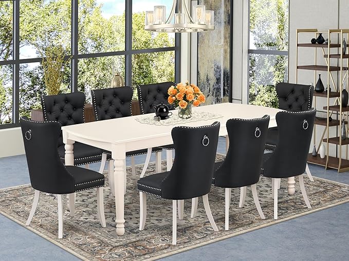 East West Furniture DODA9-LWH-12 9 Piece Dinette Set Contains a Rectangle Dining Table with Butterfly Leaf and 8 Polyester Fabric Upholstered Chairs, Linen White