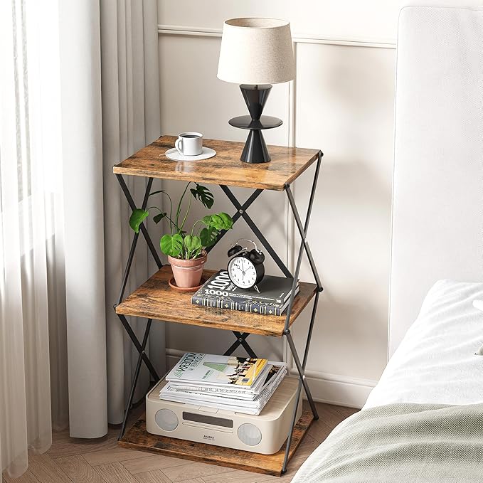 3-Tier End Table Small Side Table Tall Bedside Night Stand with Storage Sofa Side desks for Living Room Bedroom Office Bathroom Small Space Rustic Brown ET-03RB