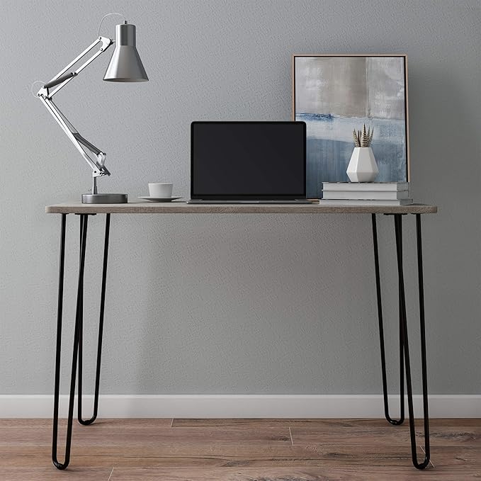 Desk with Hairpin Legs - Modern Industrial Style Home Decor - Woodgrain-Look and Steel Accent Home Office Furniture by Lavish Home (Gray)