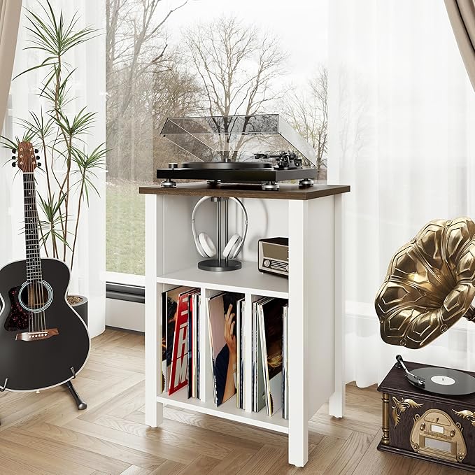 LIDYUK Record Player Stand, Vinyl Record Storage Table End Table with Display Shelf Holds up to 130 Albums, Large Nightstand Wood Turntable Stand Cabinet Side Table for Living Room, Bedroom, White