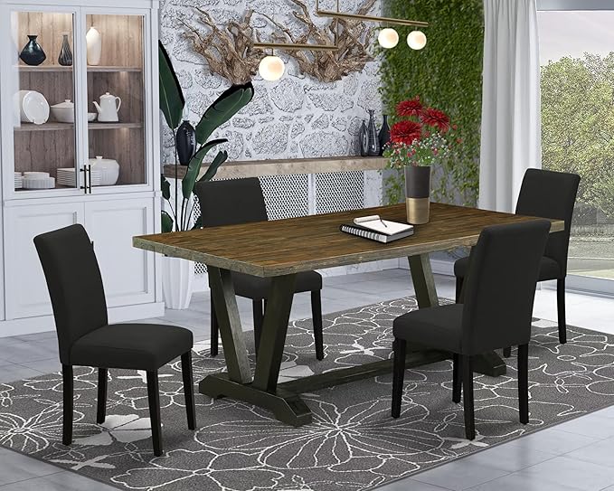 East West Furniture V677AB624-5 5 Piece Dinette Set Includes a Rectangle Dining Room Table with V-Legs and 4 Black Color Linen Fabric Parsons Dining Chairs, 40x72 Inch, Multi-Color