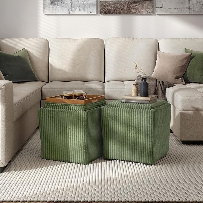 Furniture of America Lennox Modern Chenille 17-inch Square Storage Ottoman with Reversible Tray Top, Upholstered Footstool for Living Room, Bedroom, Entryway, Green