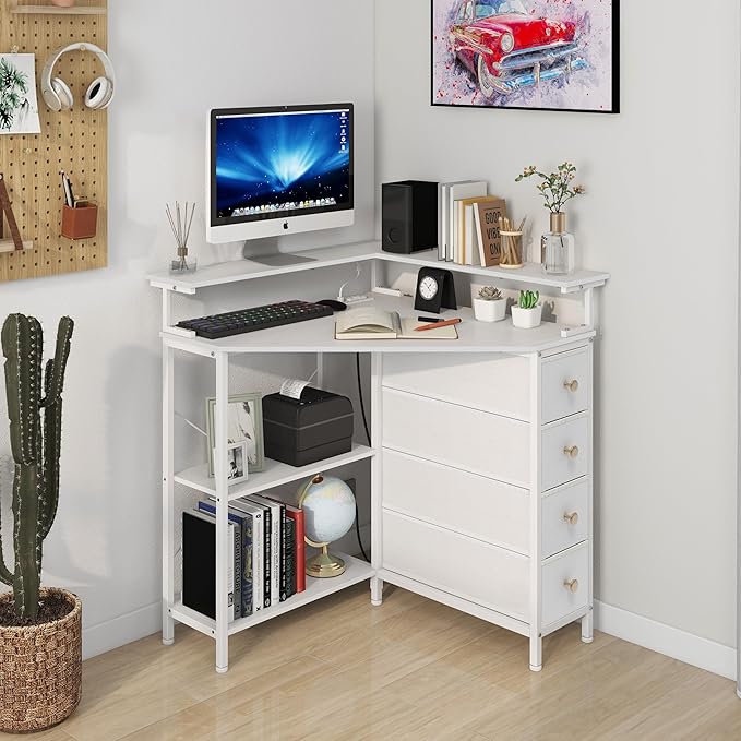 Corner Desk with Drawers Shelves for Small Space 90 Degrees Triangle Computer Desk with Power Outlets,Gaming Desk with LED Lights Monitor Stand for Home Office Workstation Writing Table (White)