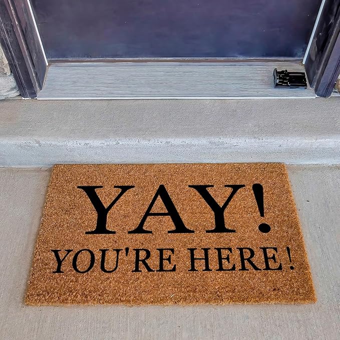 Yay You're Here Funny Coir Doormat - Natural Brown Entryway Welcome Mat, 23.7 x 15.7 inch