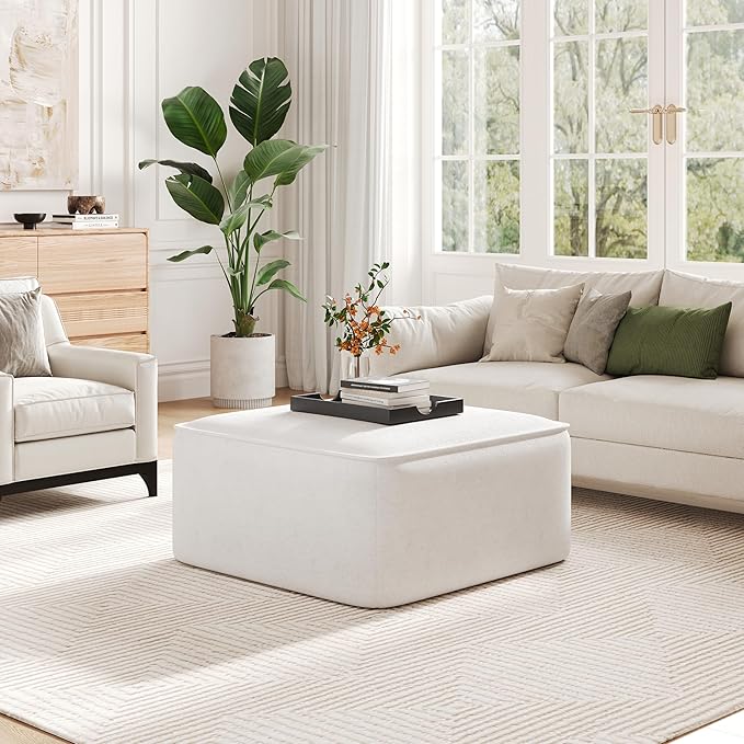 Christopher Knight Home Isa Velvet Ottoman Footstool, Square Pouf Poufee Footrest Ottoman Large Seat, Modern Side Table for Living Room Bedroom Home Decor, Cream, 30"