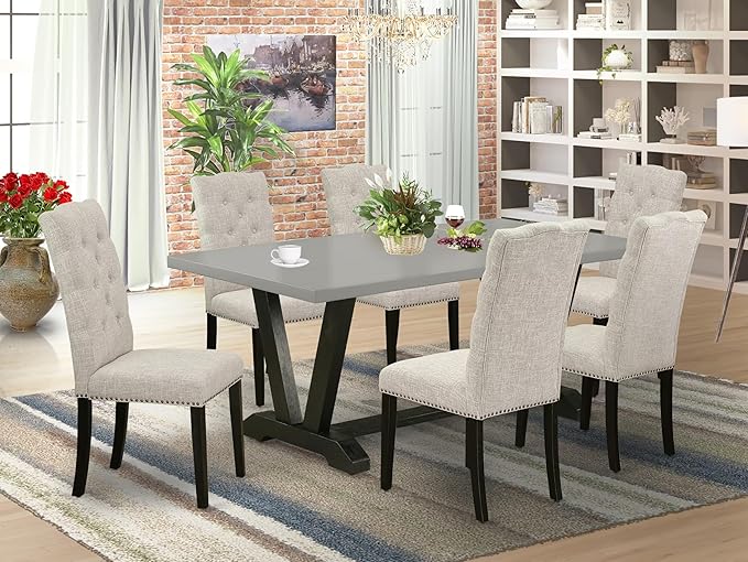 East West Furniture V697EL635-7 7 Piece Kitchen Table & Chairs Set Consist of a Rectangle Dining Room Table with V-Legs and 6 Doeskin Linen Fabric Parson Chairs, 40x72 Inch, Multi-Color