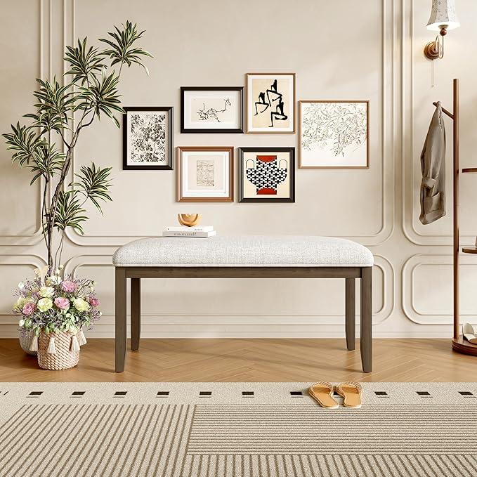 Merax Upholstered Dining Bench, with Padded Seat and Solid Wood Leg for Kitchen Bedroom, Living Room, Indoor, Entryway, Hallway, End of Bed, Brown+Beige