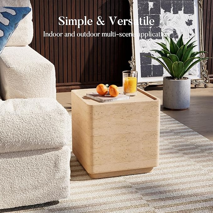COSIEST 14.4" Outdoor Side Table, Rectangular Concrete End Table for Patio Small Outdoor Coffe Tables, Garden Stool Accent Table for Livingroom, Porch, Deck, Balcony & Beach，Sandy Yellow