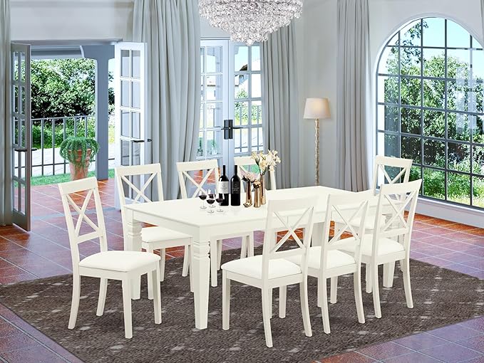East West Furniture LGBO9-LWH-LC 9 Piece Kitchen Table Set Includes a Rectangle Dining Table with Butterfly Leaf and 8 Faux Leather Dining Room Chairs, 42x84 Inch, Linen White