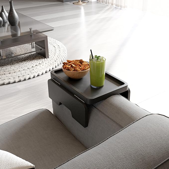 HOLANA Acacia Wood Sofa Armrest Tray - 13.75 x 9.5in Double Hinge Sofa Arm Tray Table Clip - Couch Arm Table - Wooden Side Tables for Eating and Drink (Black Color)