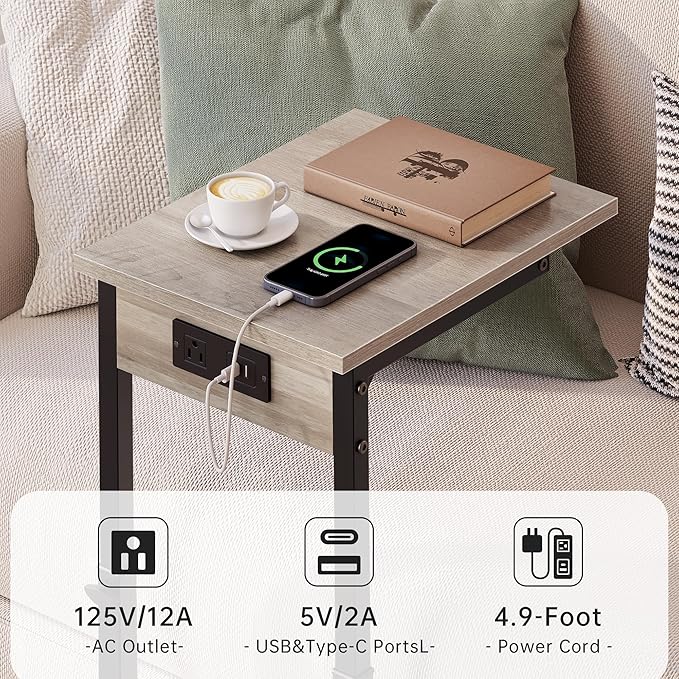 Vagusicc C Shaped End Table with Charging Station, 33" Tall Side Table for Couch, C Table Adjustable Height Small Couch Side Table, Slide Under Sofa Table TV Tray Table for Living Room, Bedroom, Grey
