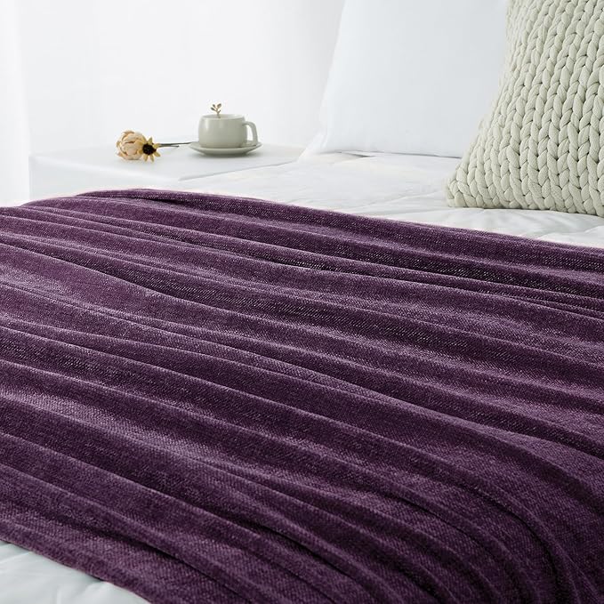 Chenille Throw Blanket for Couch 50"X 60", Soft Cozy Throws with Fringe Tassel for Bed Sofa Chair Cover, Lightweight Knitted Decorative Boho Blankets for Living Room, Dark Purple