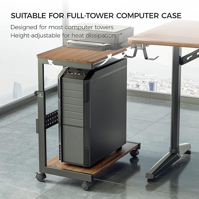 EUREKA ERGONOMIC PC Stand Computer Cart, Height Adjustable Tower Stand 2-Tier Suit for ATX Case Printer, Metal Rolling Cart on Wheels for Gaming Home Office, Walnut