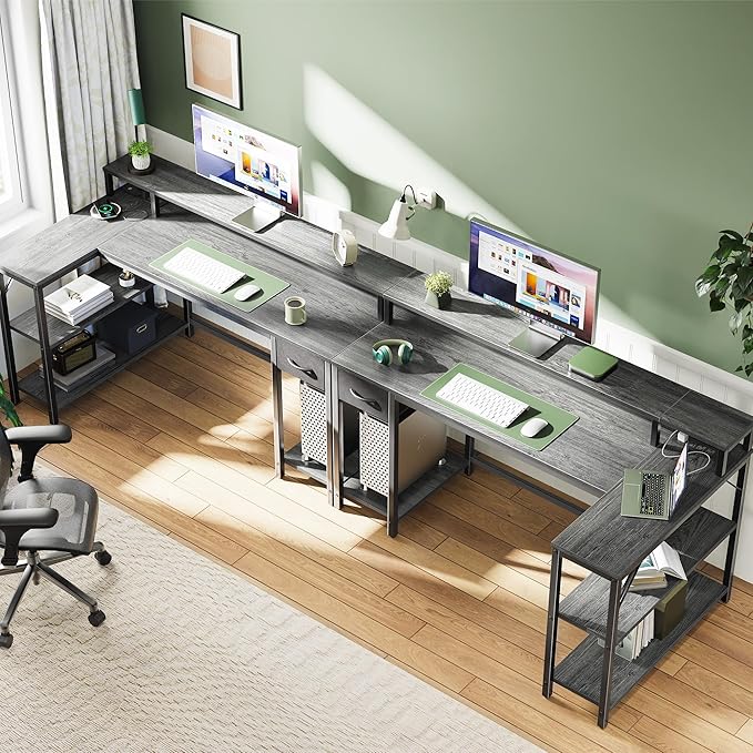 SUPERJARE 53 inch Reversible L Shaped Desk with LED Lights & Power Outlets, Computer Desk with Shelves & Monitor Stand, Gaming Desk with Drawer, Home Office Desk Corner Desk, Grey