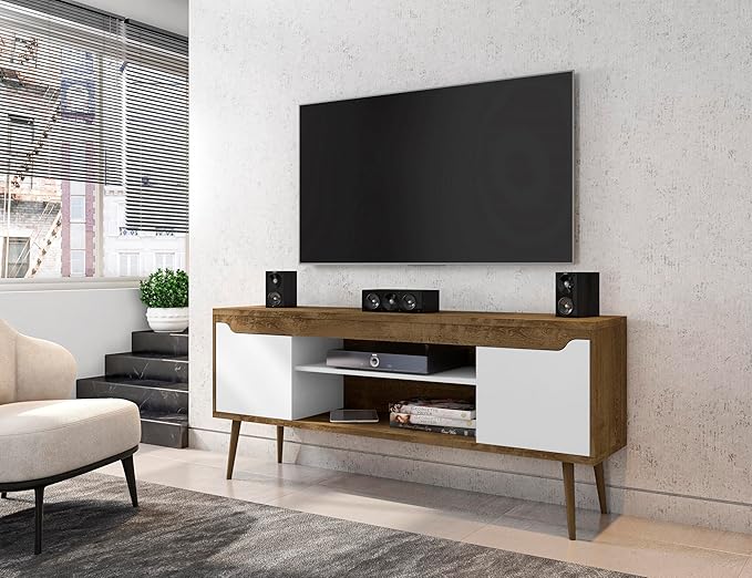 Manhattan Comfort Bradley Mid Century Modern TV Stand for Televisions up to 60 Inches, Living Room Entertainment Center with Storage, Media Shelves and Soft Close Doors, Rustic Brown/White