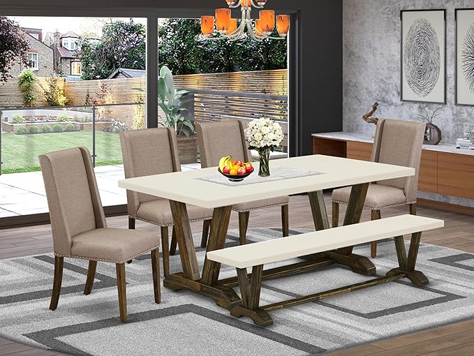 East West Furniture V727FL716-6 6 Piece Dining Table Set Contains a Rectangle Dining Room Table with V-Legs and 4 Dark Khaki Linen Fabric Parson Chairs with a Bench, 40x72 Inch, Multi-Color