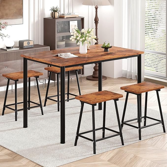 VECELO Kitchen Table and Chairs for 4, Dining Room Set with Chairs/Stools, Heavy-Duty Metal Frame with Wooden Tabletop for Small Spaces, Easy Assembly, Antique Brown