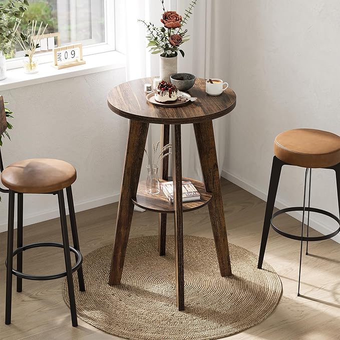 LITTLE TREE Portable Round Bar Table, High Top Bistro Pub Table, Mobile 2-Tier Shelves for Events, Party, Camping, Picnic, Tradeshow, 35.4-Inch Height (Brown, 1-Pack)