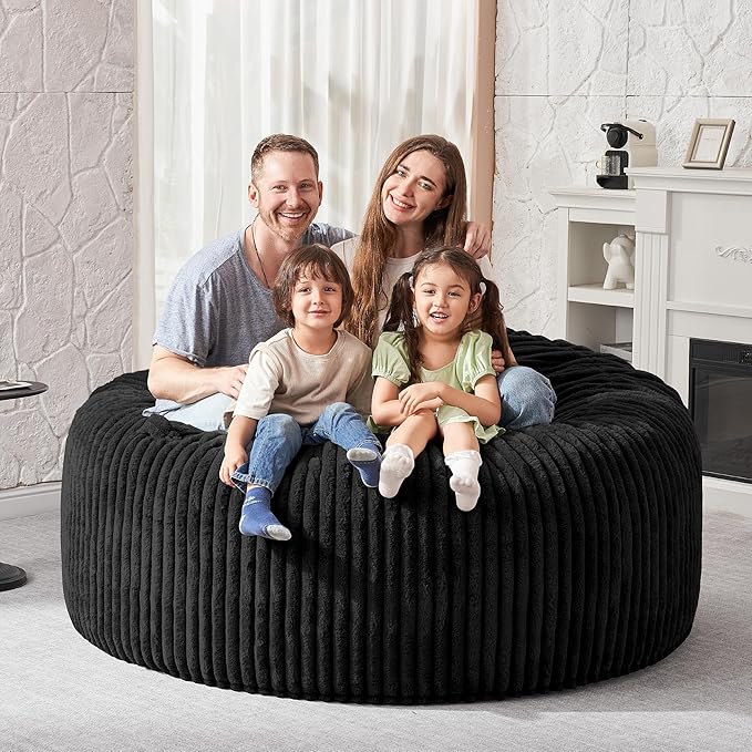 HABUTWAY 5FT Bean Bag Chair, 5' Large Bean Bag Chairs for Adults with Removable Stripe Plush Cover, Memory Foam Beanbag Chair for Living Room Bedroom Dorm (Black)