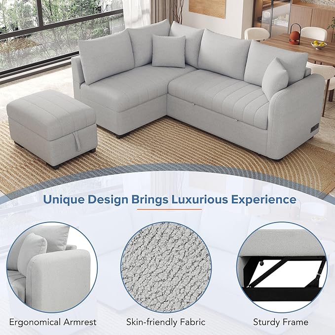 Ball & Cast L-Shaped Sectional Pull Out Sofa with Two USB Ports,4-Seater Convertible Couch w/Power Sockets and Movable Storage Ottoman,for Living Room,Apartment,Grey