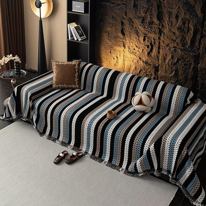 STACYPIK Boho Chenille Sofa Cover, Soft Jacquard Leaves Couch Cover, Non-Slip Loveseat Cover for Sectional Sofa, Washable Pet Protector for 3 Cushion Couch,Multi-use Vintage Throw Slipcover-71x150IN