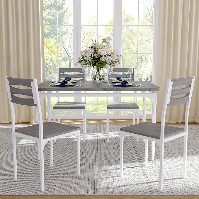 GarveeHome 5 Piece Dining Table Set, Industrial Style Dining Table and Chairs Set for 4, Kitchen Table Set for Dining Room Kitchen Apartment, Grey