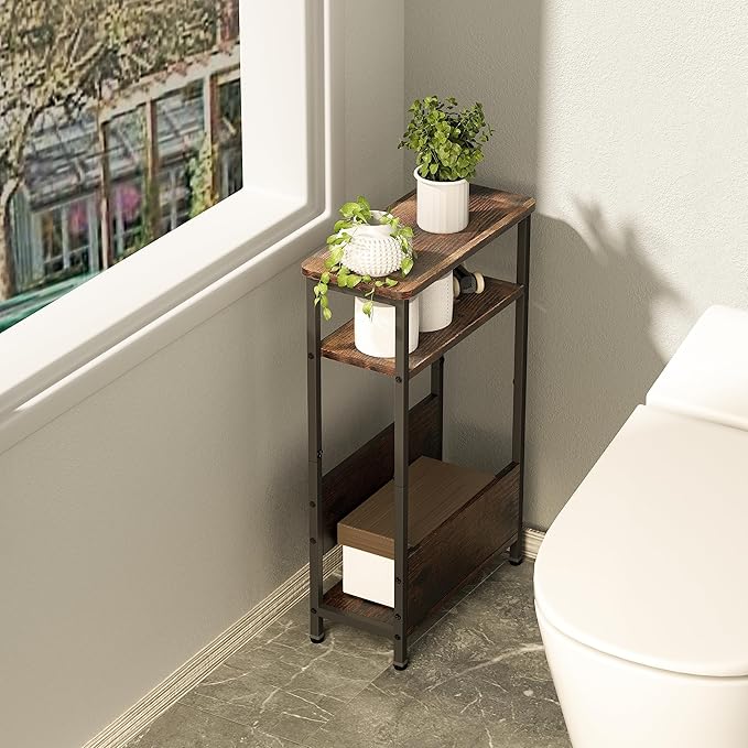 7.1" Narrow Side Table for Small Spaces, 3 Tier Small End Table with Magazine Holder, Slim/Skinny Nightstand/Bedside Table for Living Room, Bedroom, 15.4" L x 24.2" H