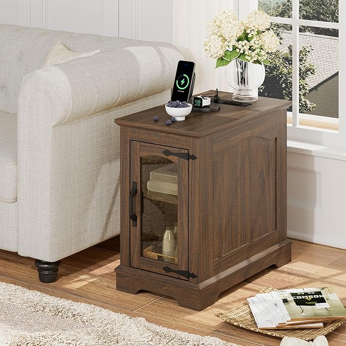 Narrow End Table with Storage, Farmhouse Side Table with Power Outlets & USB Ports, Small Night Stand for Living Room, for Bedroom, Living Room(Glass Door, Walnut)