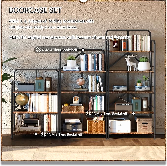 4NM No Assembly Folding Bookshelf 5 Tiers Vintage Industrial Black Book Shelf Metal Foldable Storage Bookcase and Bookshelves for Living Room,Bedroom and Kitchen - Rustic Brown