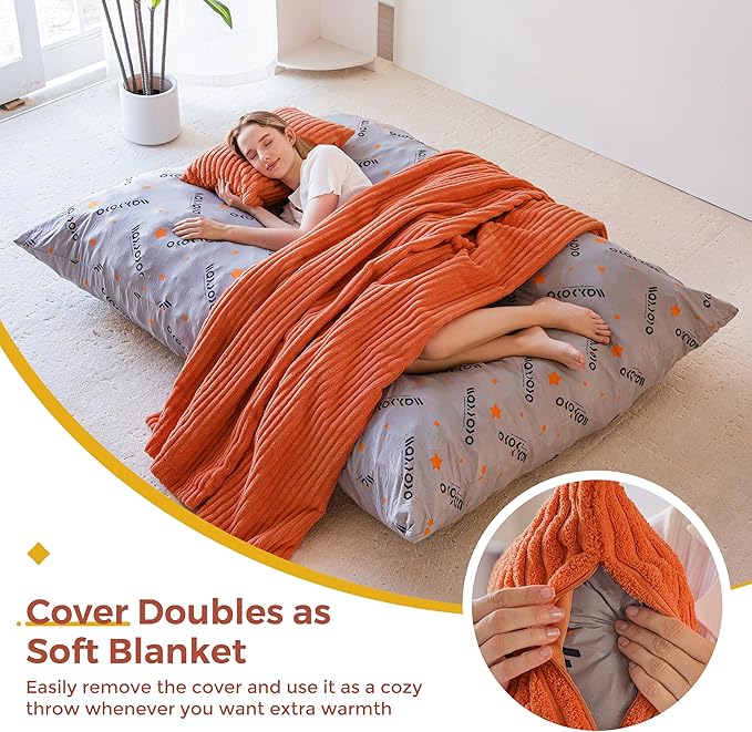 MAXYOYO Giant Bean Bag Chair with Pillow, 3 in 1 Convertible Bean Bag Chair for Adults with Washable Cover, Removable Floor Cushion Stuffed Floor Lounger for Living Room Bedroom, Orange, Full