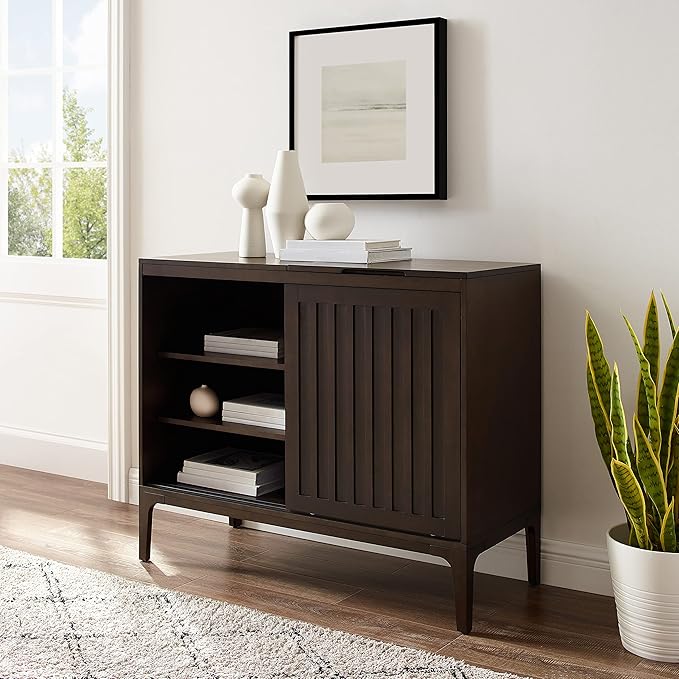 Crosley Furniture Asher Media Console and Record Player Stand with Storage for Vinyl Records, Dark Brown