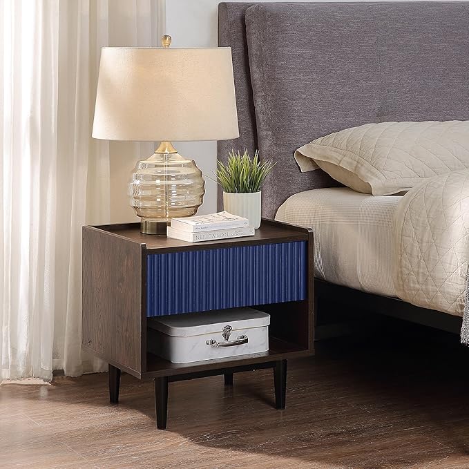 Manhattan Comfort Duane Modern Ribbed Nightstand, Bedside Table with Full Extension Drawer and Open Shelf, Industrial Chic Living Room and Bedroom Furniture, Navy Blue