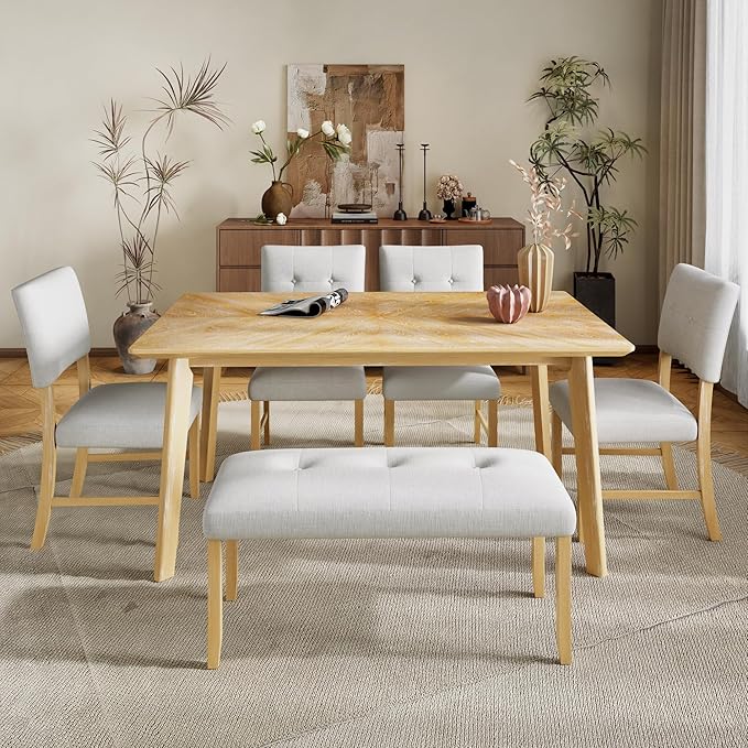 Ball & Cast 6 Piece Dining Room Table Set for 6,Rustic Farmhouse Dining Room Rectangular Table with Upholstered Chairs and Bench,Wood Dining Furniture for Kitchen,Natural Wood Wash