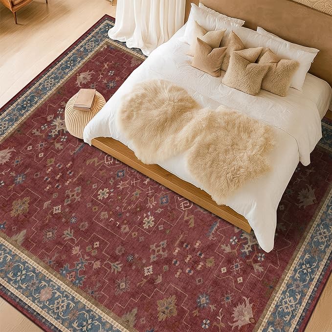 Oriental 9x12 Soft Rugs for Living Room - Dark Red Rugs for Bedroom Aesthetic, Dining Room Under Kitchen Table, Washable Soft Non Slip Large Area Vintage Décor